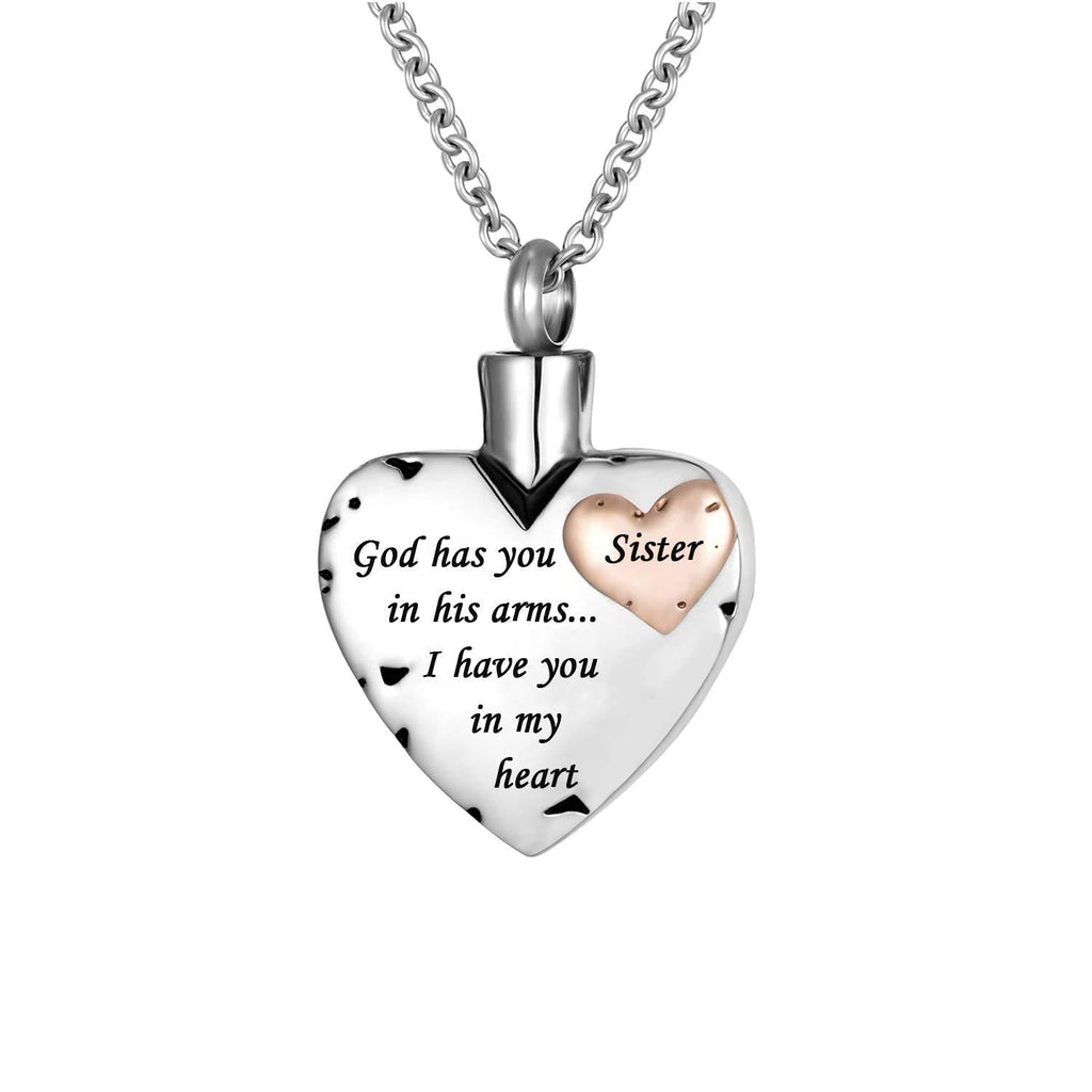 [Australia] - Double Heart Cremation Urn Necklace for Ashes Urn Jewelry Memorial Pendant, God has you in his arms I have you in my heart Sister 