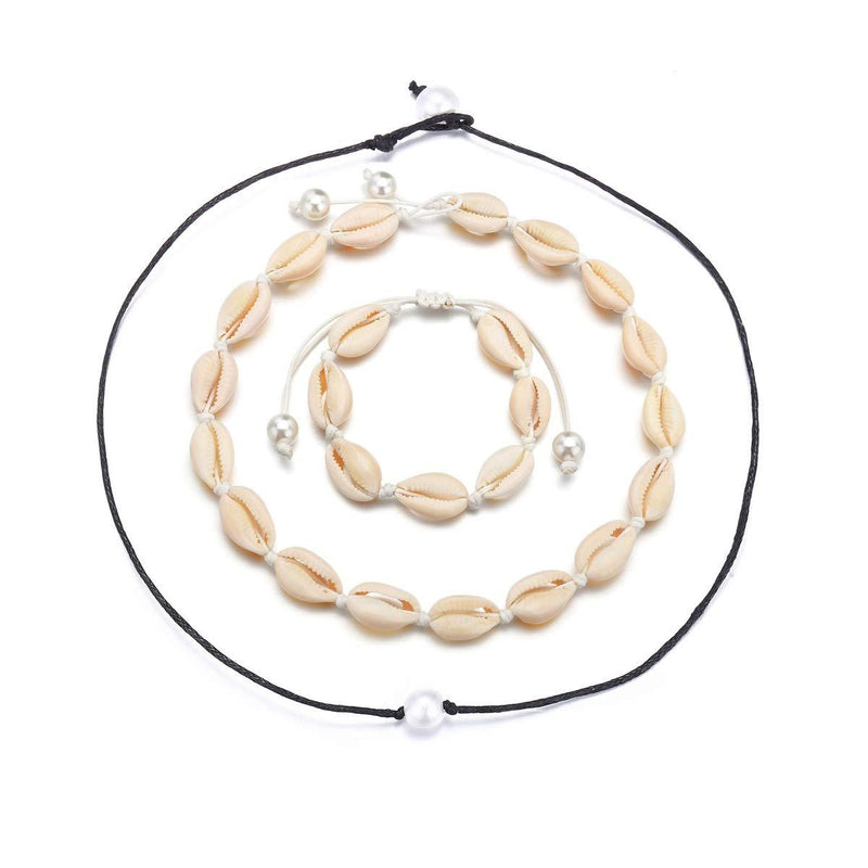 [Australia] - Cowrie Shell Choker Necklace with Pearl for Women Men,Natural Puka Seashell Collar Necklace Boho Hawaiian Summer Beach Necklace and Anklet Set Hawaii Jewelry SET #3 