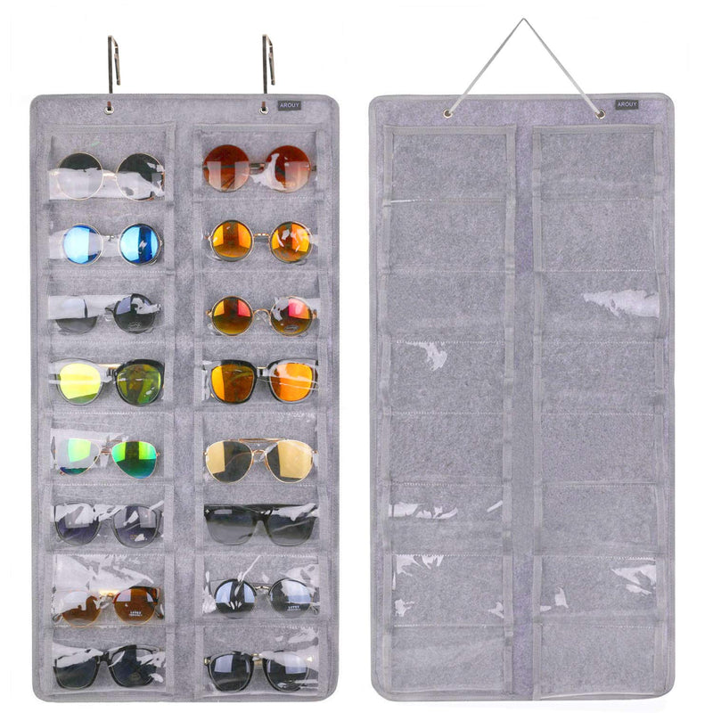 [Australia] - AROUY Sunglasses Organizer Storage, Hanging Dust Proof Wall Pocket Glasses Organizer - 16 Felt Slots Sunglass Organizer Holder with Metal Hook and Sturdy Rope (Gray, Dust Proof) Gray, Dust Proof 