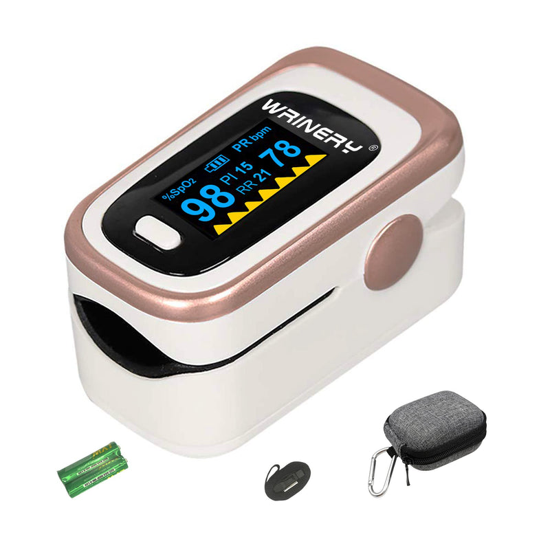 [Australia] - WRINERY Oxygen Saturation Monitor, Pulse Oximeter Fingertip, Oxygen Monitor, O2 Saturation Monitor, OLED Portable Oximetry with Batteries, Lanyard (Rose gold-White) 