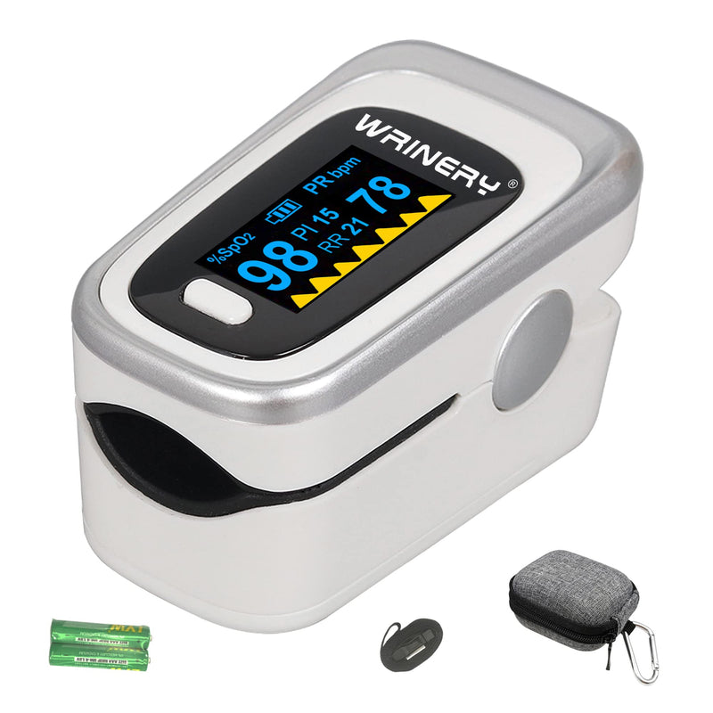 [Australia] - WRINERY Oxygen Saturation Monitor, Pulse Oximeter Fingertip, Oxygen Monitor, O2 Saturation Monitor, OLED Portable Oximetry with Batteries, Lanyard (Silver-White) 