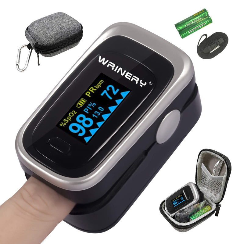 [Australia] - WRINERY Oxygen Saturation Monitor, Pulse Oximeter Fingertip, Oxygen Monitor, O2 Saturation Monitor, OLED Portable Oximetry with Batteries, Lanyard (Royal Black-Silver) 