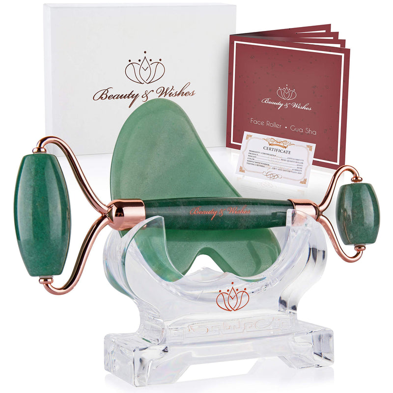 [Australia] - Jade Roller and Gua Sha Face Luxury Anti Aging Tool Set with Countertop Stand – Grade A – Authentic Brazilian Stone Facial Massager for Wrinkles - Non-Squeak by Beauty & Wishes (Aventurine) Aventurine 