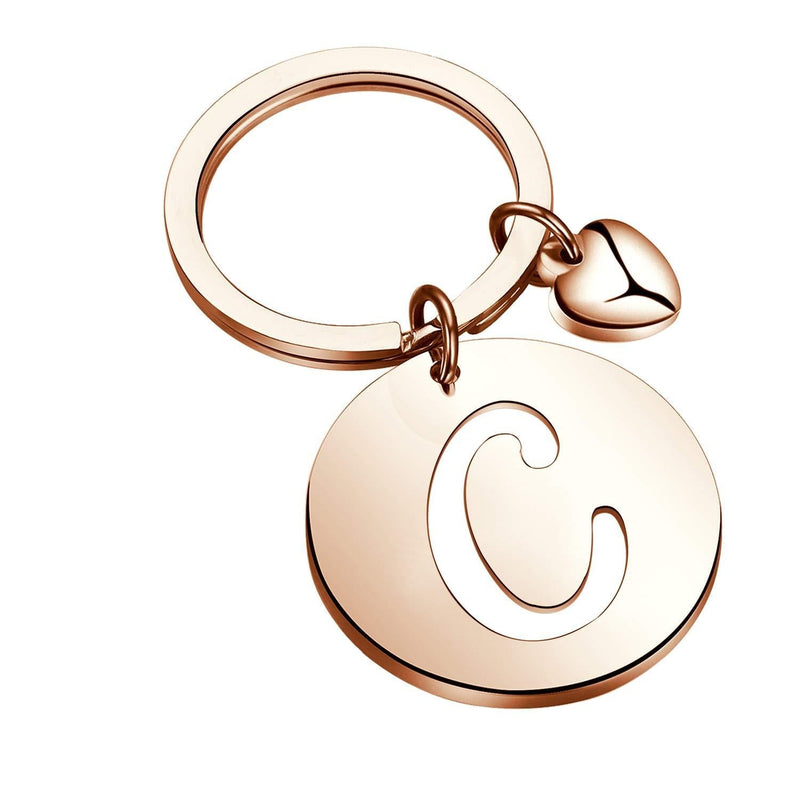 [Australia] - HOLLP Initial Disc Charm Keychain 26 Initial Letter Alphabet Key Ring A-Z Initial English Charm Keychain Rose Gold-C 