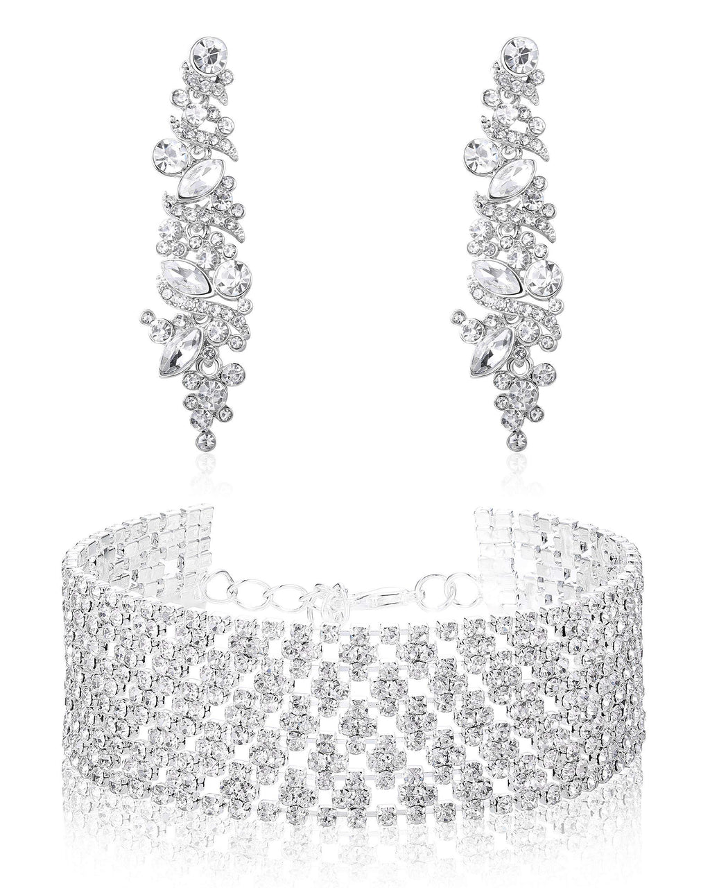 [Australia] - JOERICA Bridal Wedding Crystal Bracelet and Earrings Jewelry Set Rhinestone Dangle Earrings Adjustable Bracelet Bangle for Women Bridesmaid Jewelry Set A: Silver Tone 