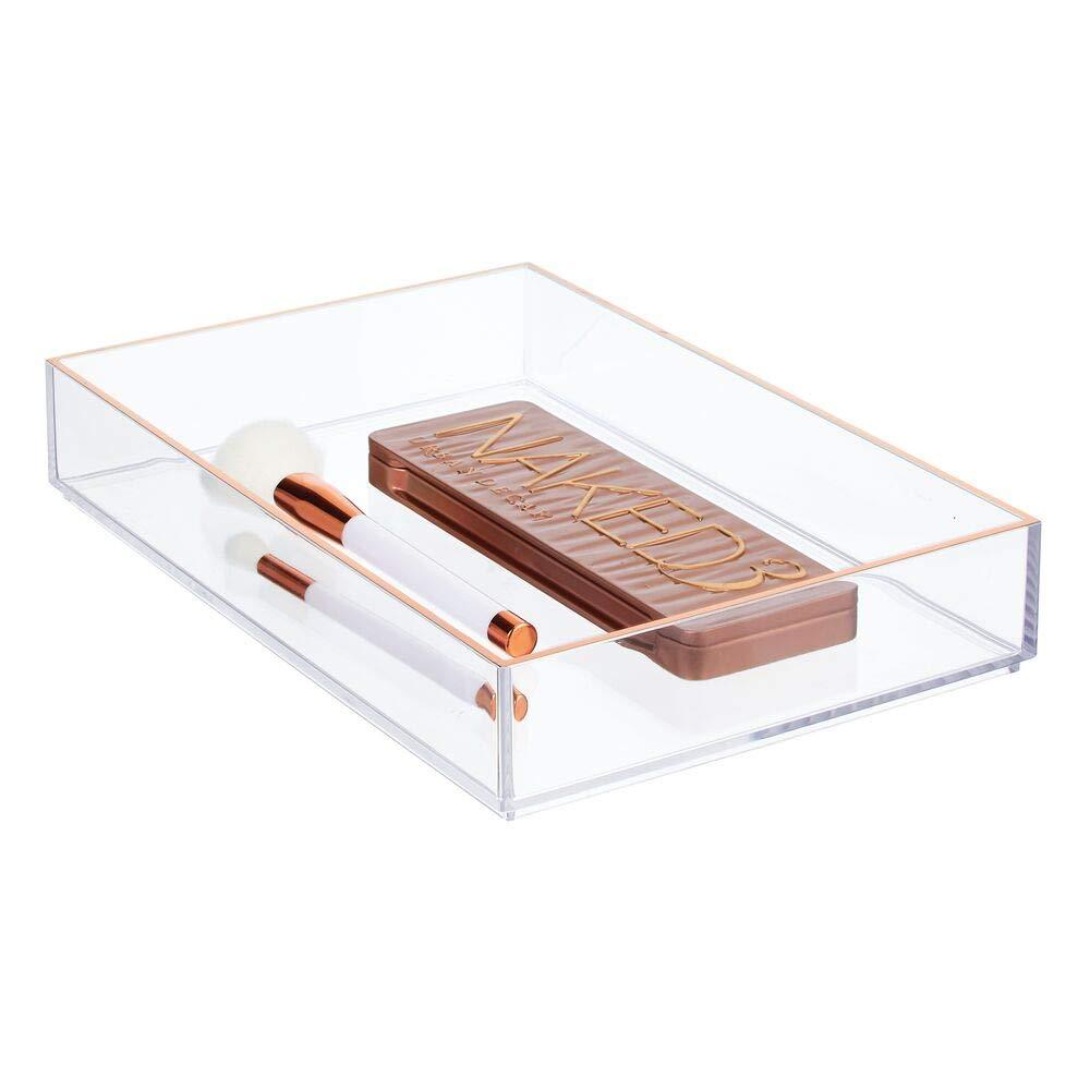 [Australia] - mDesign Wide Makeup Organizer for Bathroom Drawers, Vanity, Countertop - Storage Bins for Makeup Brushes, Eyeshadow Palettes, Lipstick, Lip Gloss, Spray, Concealers - Clear/Rose Gold 