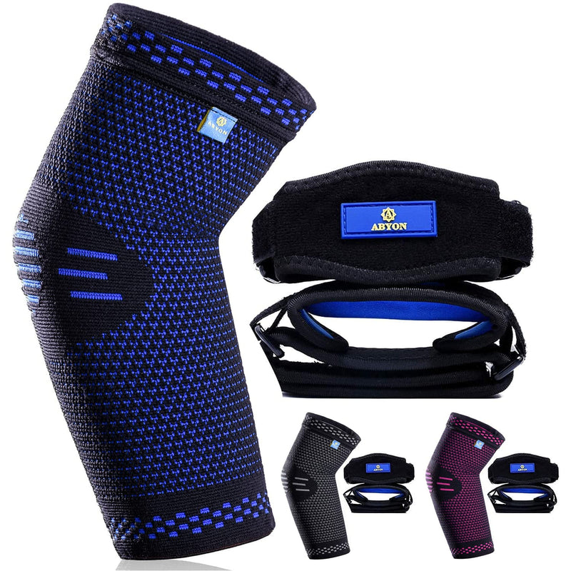 [Australia] - ABYON Professional [2 Pack] Elbow Brace Straps + [1 Pack] Elbow Brace Compression Sleeve (Shipped from USA) , Tennis Elbow Brace with Compression for Men and Women Large Blue 