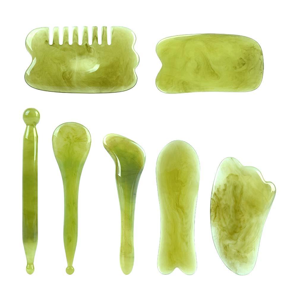 [Australia] - Gua Sha Facial Tool, alavisxf xx 100% Natural Resin Chinese Gua Sha Massage Tool, 7 in 1 Stree Relief Anti-Aging Anti-Wrinkle Gua Sha Scraping Tools Kit for Face Body Leg Back (Green) Green 