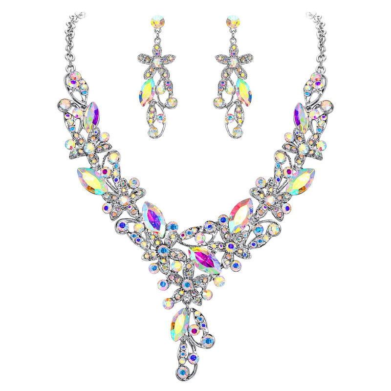 [Australia] - Flyonce Crystal Floral Jewelry Set for Women Flower Leaf Vine Necklace Earrings Set for Wedding Iridescent Clear AB 