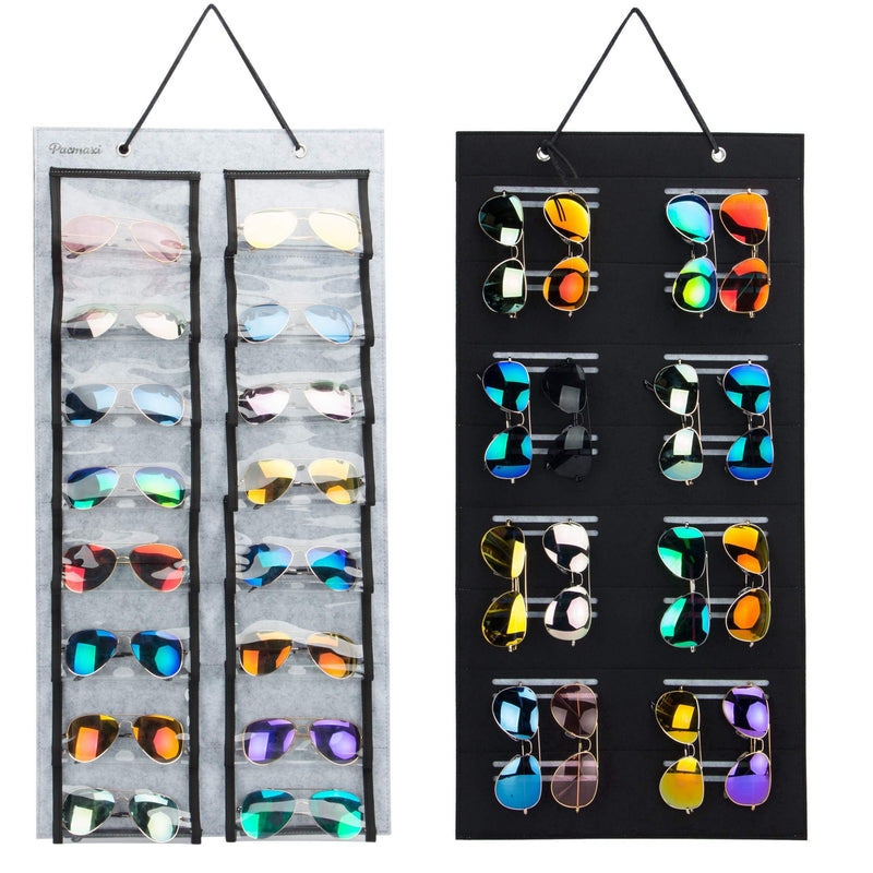 [Australia] - PACMAXI Dust-Proof Sunglasses Hanging Organizer, 32 Slots Double Sided Sunglasses Storage Wall Pocket, Eyeglasses Display Case, Eyewear Storage. (Grey) Grey 
