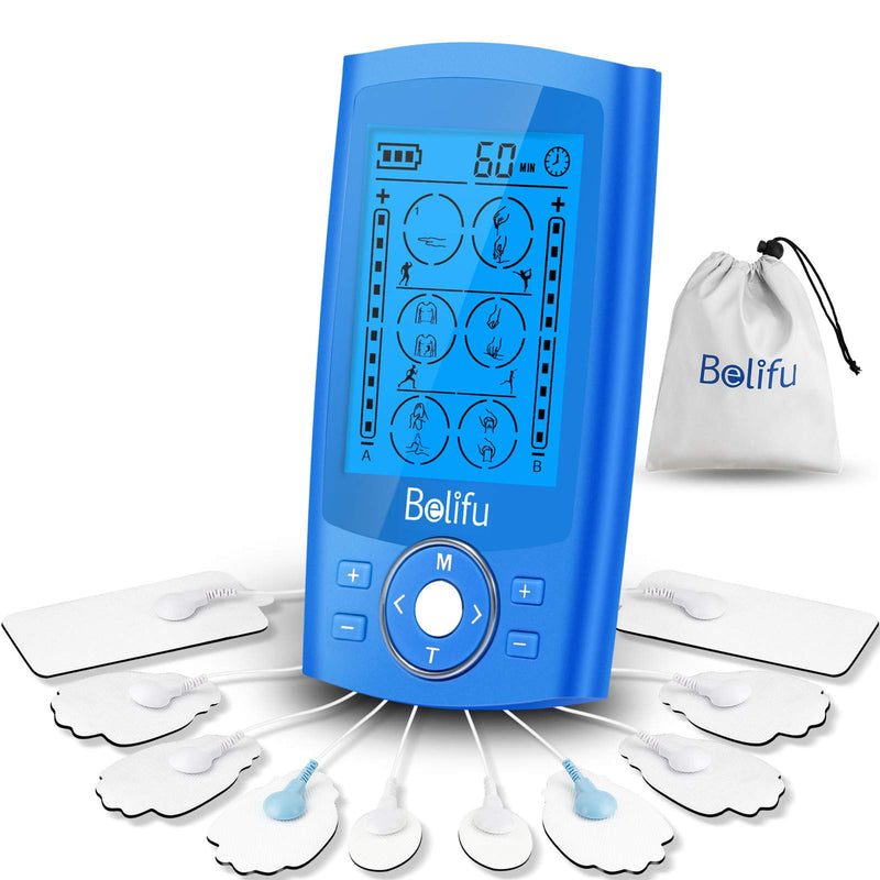 [Australia] - Belifu Dual Channel TENS EMS Unit 24 Modes Muscle Stimulator for Pain Relief Therapy, Electronic Pulse Massager Muscle Massager with 10 Pads, Dust-Proof Drawstring Storage Bag，Fastening Cable Ties… Blue 