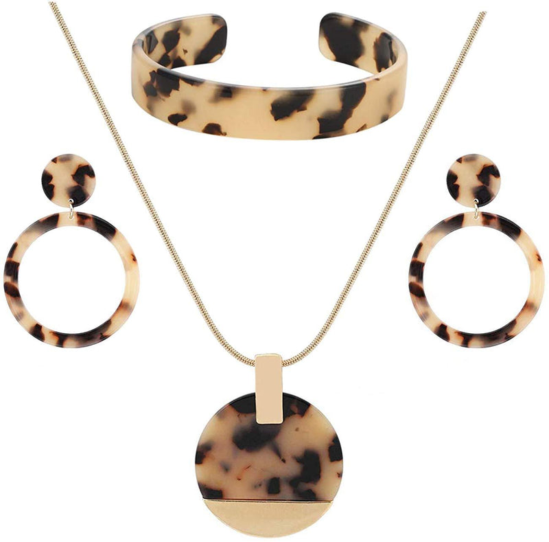 [Australia] - Leopard Earrings Necklace Bracelet for Women Acrylic Circle Hoop Dangle Earring Long Disc Pendant Necklace Open Cuff Bangle Resin Cheetah Jewelry Set for Ladies Girls 