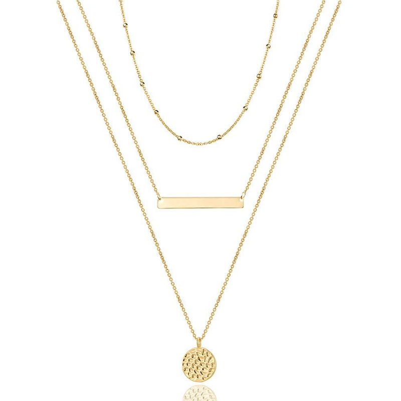 [Australia] - Turandoss Dainty Layered Choker Necklace, Handmade 14K Gold Plated Y Pendant Necklace Multilayer Bar Disc Necklace Adjustable Layering Choker Necklaces for Women 3 Layer Necklace - Chain&Bar&Hammered Disc 