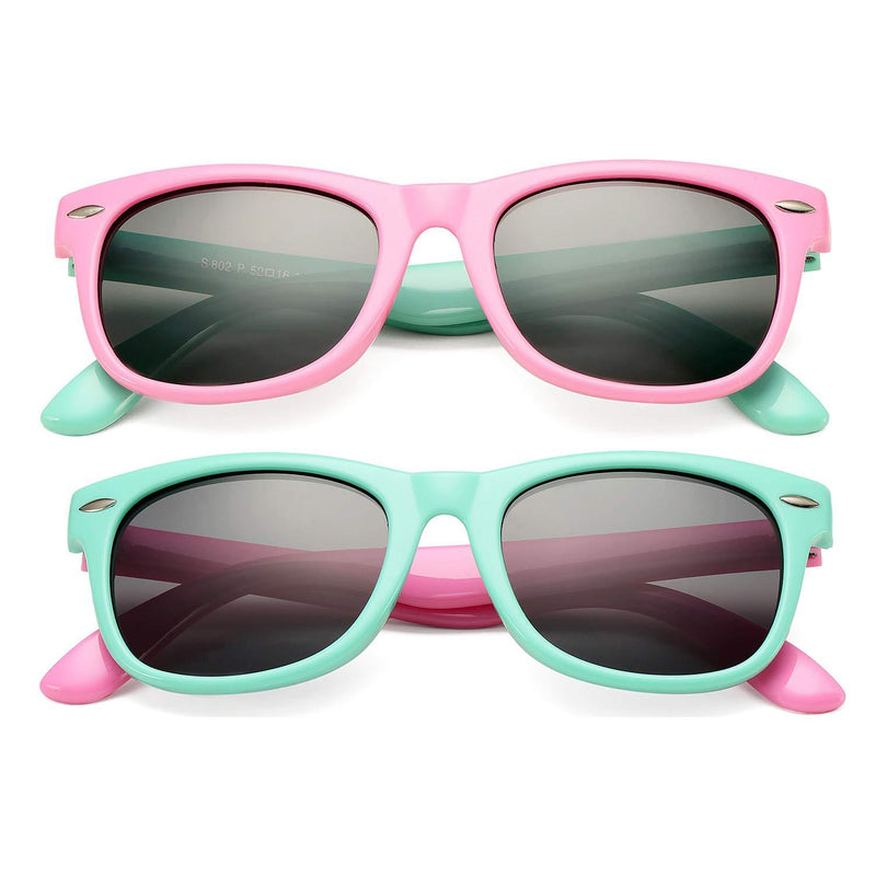 [Australia] - DeBuff Kids Polarized Sunglasses TPEE Rubber Flexible Frame for Boys Girls Age 3-10 A0, 2 Pack - (Pink/Green+green/Pink) 45 Millimeters 