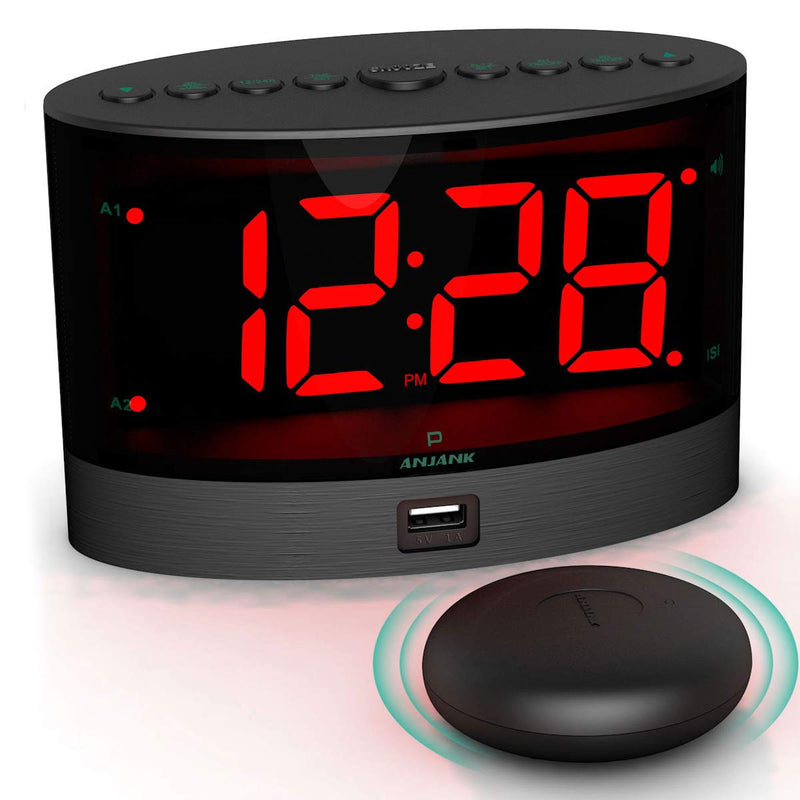 [Australia] - ANJANK Extra Loud Alarm Clock with Wireless Bed Shaker, Vibrating Dual Alarm Clock for Heavy Sleepers, Deaf and Hearing-impaired, Adjustable Volume/Dimmer/Wake up Mode, USB Charger Port, Pillow Shaker 