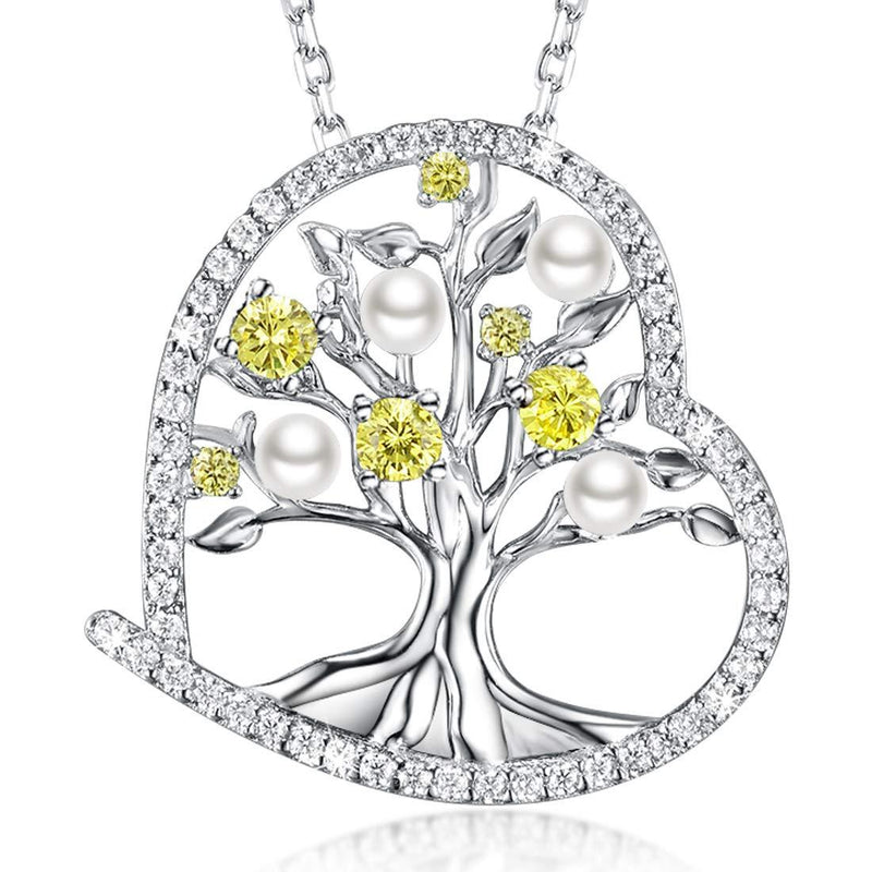 [Australia] - Pearl Tree of Life Jewelry for Women Birthday Gifts Citrine Necklace for Mom Wife Sterling Silver Love Heart Jewelry Citrine Pearl Tree of Life Necklace 