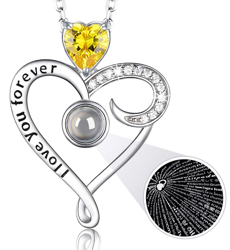 [Australia] - I Love You Necklace 100 Languages for Mom Wife Birthday Gifts Citrine Jewelry for Women Sterling Silver I Love You Forever Necklace I Love You 100 Languages Yellow Citrine Necklace 