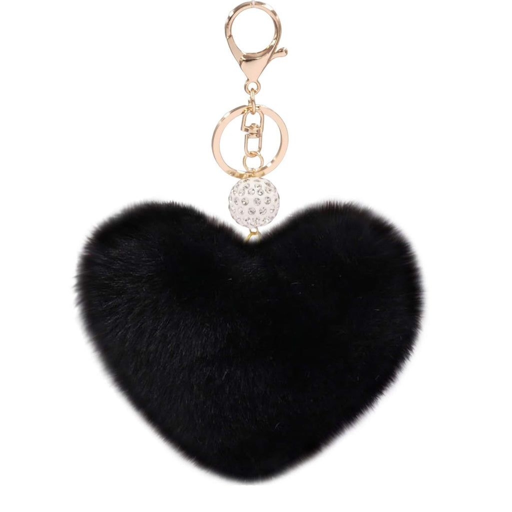 [Australia] - Women's Heart Faux Fur Pom Pom Key Chains Bag Accessory Puffball Keyring Backpack Charms for Girls Black 