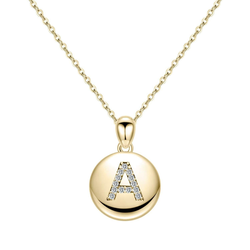 [Australia] - Turandoss Letter Initial Necklace for Women Girls, 16" Round Disc Engraved CZ Initial Necklace 14K Gold White Gold Plated Letter Necklaces for Teen Girls A - Gold 