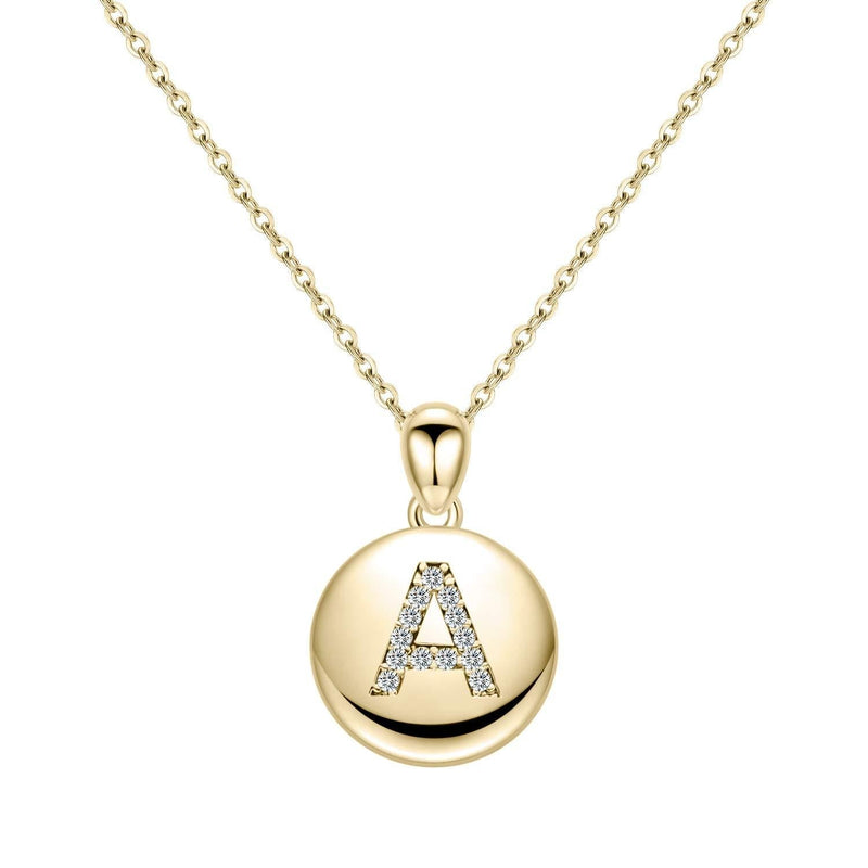 [Australia] - Turandoss Letter Initial Necklace for Women Girls, 16" Round Disc Engraved CZ Initial Necklace 14K Gold White Gold Plated Letter Necklaces for Teen Girls A - Gold 