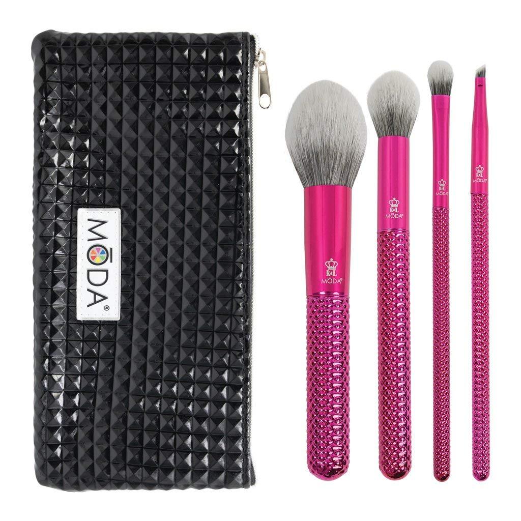 [Australia] - MODA Full Size Metallic Picture Perfect 5pc Makeup Brush Set with Pouch, Includes - Blush, Contour, Shader, Angle Liner Brushes, Metallic Pink 