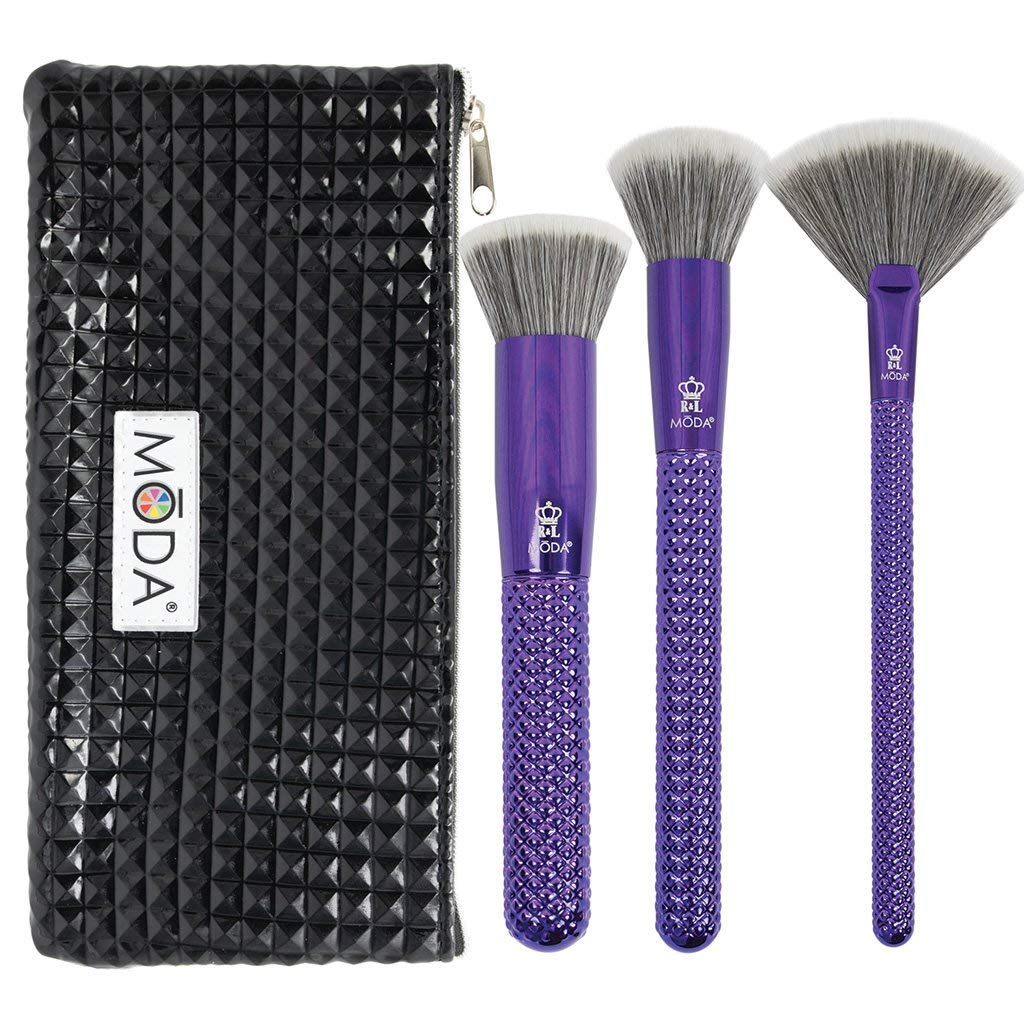 [Australia] - MODA Full Size Metallic Blended Beauty 4pc Makeup Brush Set with Pouch, Includes - Blender, Buffer, and Fan Brushes Metallic Purple 