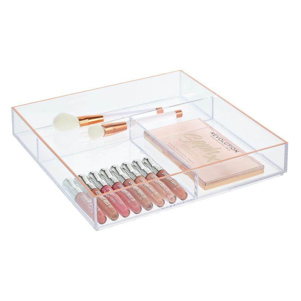 [Australia] - mDesign Wide Makeup Organizer for Bathroom Drawers, Vanity, Countertop - Storage Bins for Makeup Brushes, Eyeshadow Palettes, Lipstick, Lip Gloss, Blush, Concealers - 12" x 12" - Clear/Rose Gold 12 x 12 x 2 