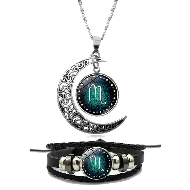 [Australia] - Constellation Necklace Bracelet Set Vintage Crescent Moon Time Gemstone Zodiac Pendant Necklace Zodiac Leather Bracelet for Men Women 11:Scorpio(10/23 - 11/21) 