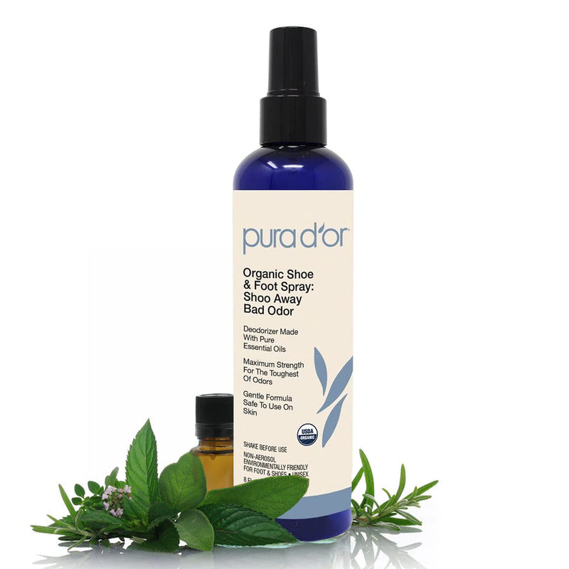 [Australia] - PURA D'OR Organic Shoe & Foot Odor Eliminator Spray (8oz) Deodorizes & Removes Bad Smells with Eucalyptus, Peppermint, Tea Tree, Lemongrass Essential Oil, Maximum Strength (Packaging may vary) 