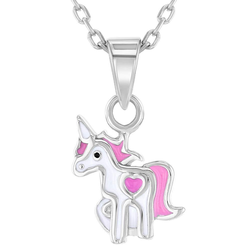 [Australia] - 925 Sterling Silver Pink & White Enamel Heart Unicorn Necklace Pendant for Girls 16" 