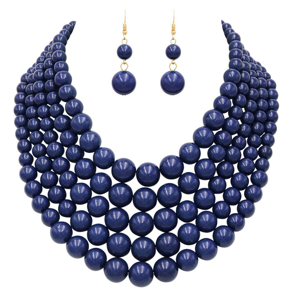 [Australia] - Rosemarie & Jubalee Women's Multi Strand Simulated Pearl Bib Necklace and Earrings Jewelry Set, 16"-19" with 3" Extender Navy Blue 