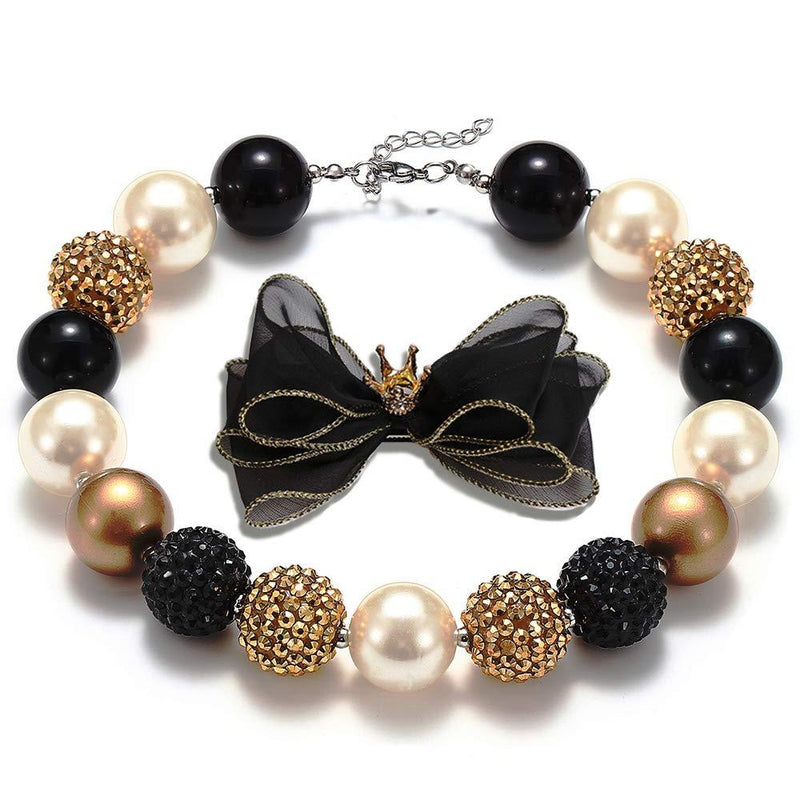 [Australia] - HABILY Black and Gold Chunky Bubblegum Necklace Fashion Beads and Hairpin with Gift Box for Baby Girls 