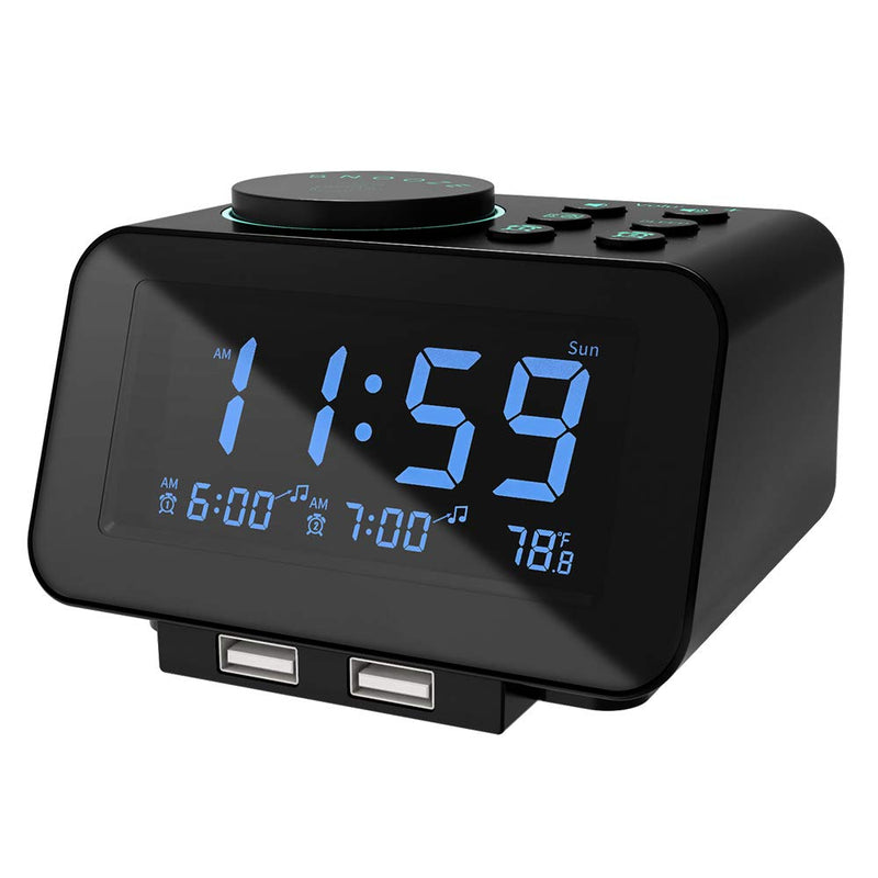 [Australia] - USCCE Digital Alarm Clock Radio - 0-100% Dimmer, Dual Alarm with Weekday/Weekend Mode, 6 Sounds Adjustable Volume, FM Radio w/ Sleep Timer, Snooze, 2 USB Charging Ports, Thermometer, Battery Backup Black 
