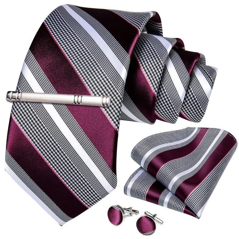 [Australia] - DiBanGu Men's Stripe Tie Silk Woven Necktie Pocket Square Cufflink Set Formal Business Prom Wedding 01 Grey and Burgundy 