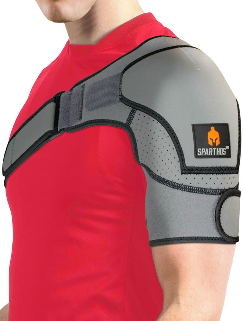 [Australia] - Sparthos Shoulder Brace - Support and Compression Sleeve for Torn Rotator Cuff, AC Joint Pain Relief - Arm Immobilizer Wrap, Ice Pack Pocket, Stability Strap, Dislocated Sholder - for Men and Women Universal Gray/Black 