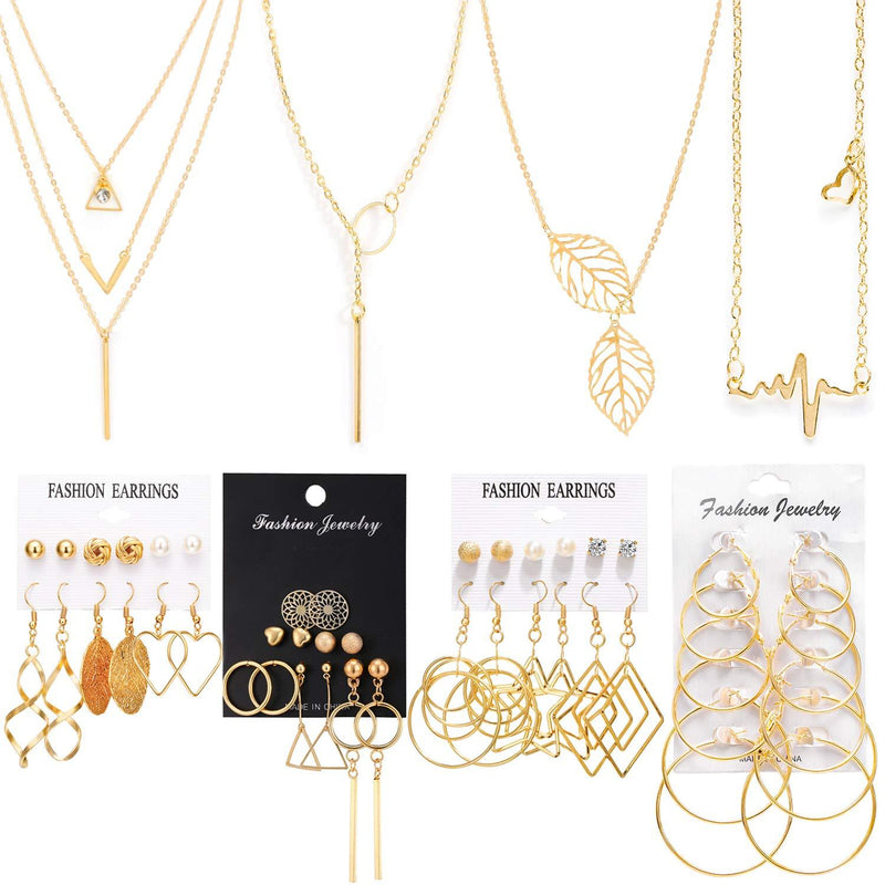 [Australia] - Necklace and Earring Jewelry Set with 24 Pairs Layered Ball Dangle Hoop Stud Earrings and 4 PCS Necklaces of Different Lengths for Women Jewelry Fashion and Valentine Birthday Party Gift,28 Pairs 