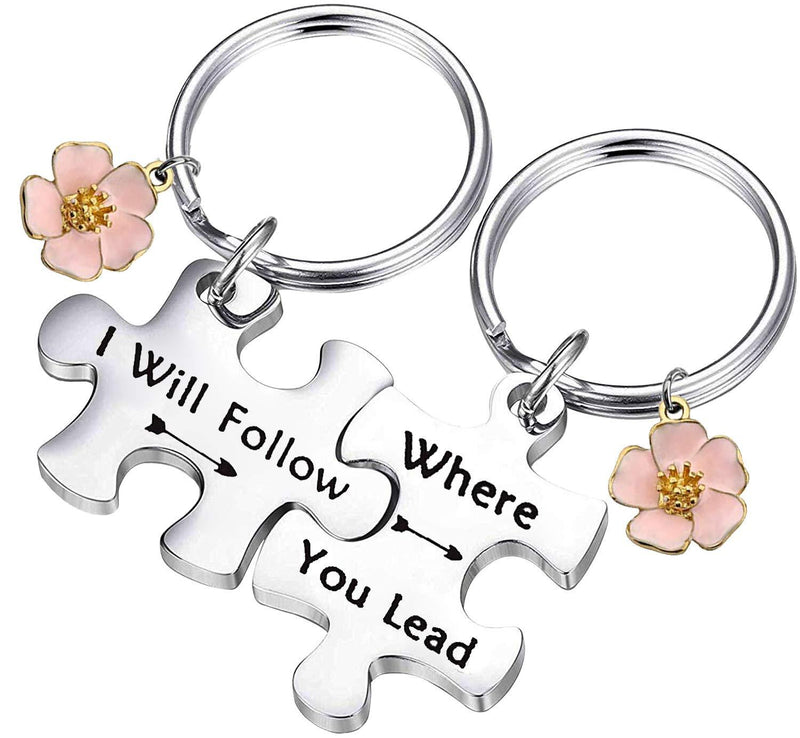 [Australia] - FEELMEM Gilmore Girls Inspired Keychain Where You Lead I Will Follow Couples Keychains Set Mother Daughter Gift Friendship Jewelry BBF Gift Bridesmaids Gift flower charm 
