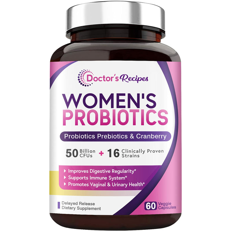 [Australia] - Doctor's Recipes Women’s Probiotic, 60 Caps 50 Billion CFU 16 Strains, with Organic Prebiotics Cranberry, Digestive Immune Vaginal & Urinary Health, Shelf Stable, Delayed Release, No Soy Gluten Dairy 60 Count (Pack of 1) 