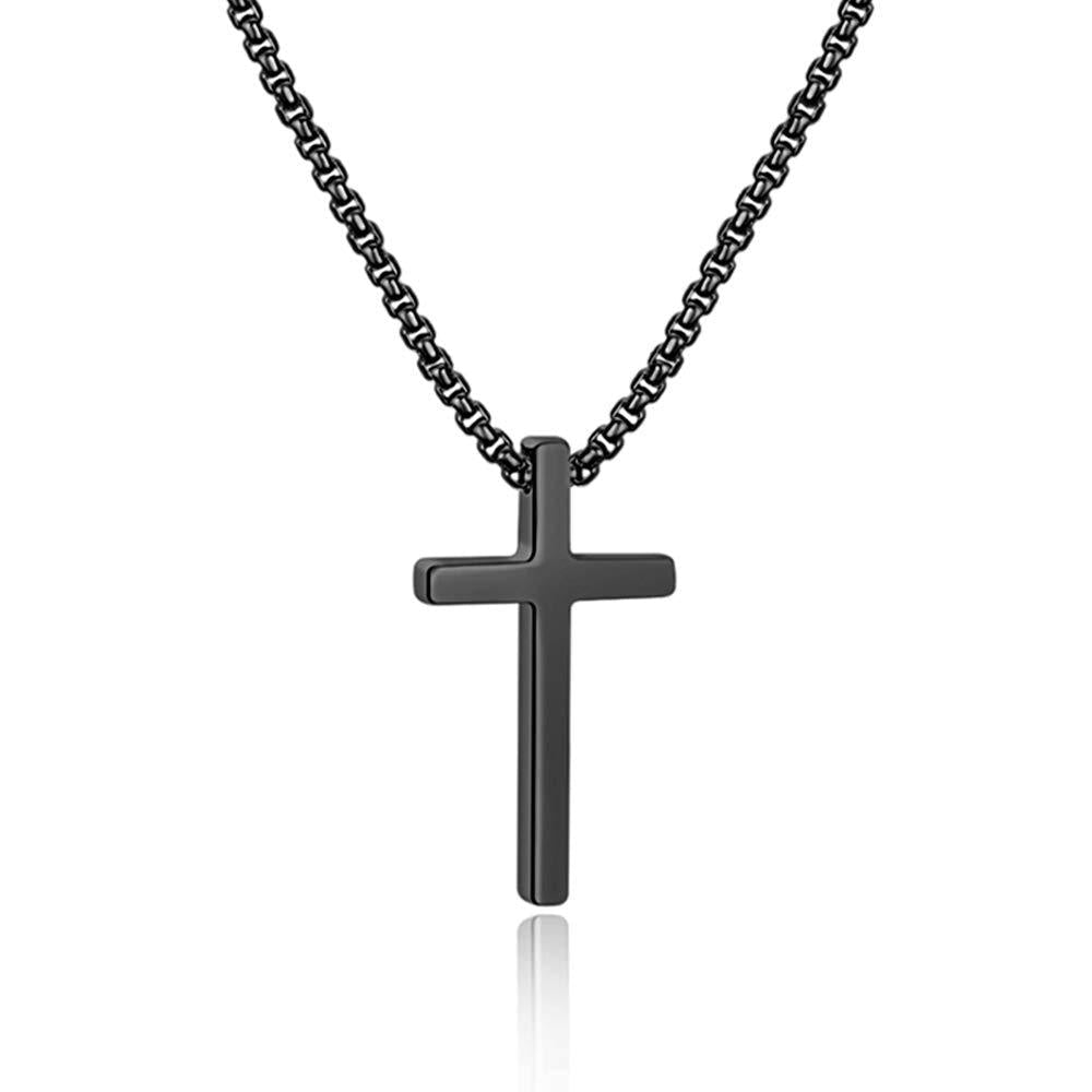[Australia] - IEFSHINY Cross Necklace for Men, Stainless Steel Cross Pendant Necklaces for Men Pendant Chain 16-30 Inches Chain Gold Silver Black Cross Necklace 16.0 Inches Black-cross pedant 0.7"*1.18" 