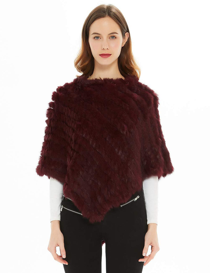 [Australia] - Ferand Women's Knitted Genuine Rabbit Fur Cape Poncho for Winter Burgundy 