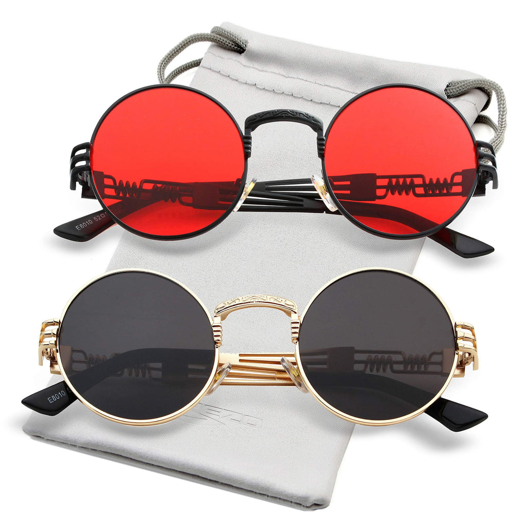 [Australia] - Round Steampunk Sunglasses John Lennon Hippie Glasses Metal Frame 100% UV Blocking Lens 2 Pack (Black/Red, Gold/Grey) 48 Millimeters 