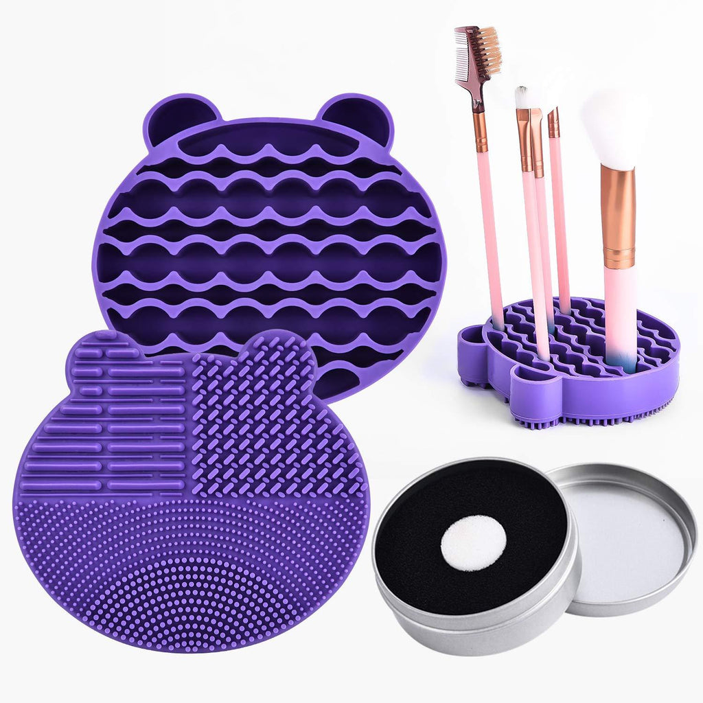 [Australia] - Silicon Makeup Brush Cleaning Mat with Brush Drying Holder Brush Cleaner Mat Portable Bear Shaped Cosmetic Brush Cleaner Pad+Makeup Brush Dry Cleaned Quick Color Removal Sponge Scrubber Tool (Purple) Purple 