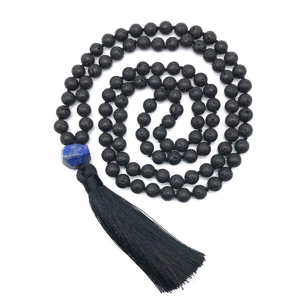 [Australia] - Lava Rock Mala Beads 108 Black Lava Stone Mala Necklace Hand Knotted Lava Beads Mala Meditation Beads Yoga Necklace Prayer Beads Japa Mala Lava stone +Lapis lazuli 