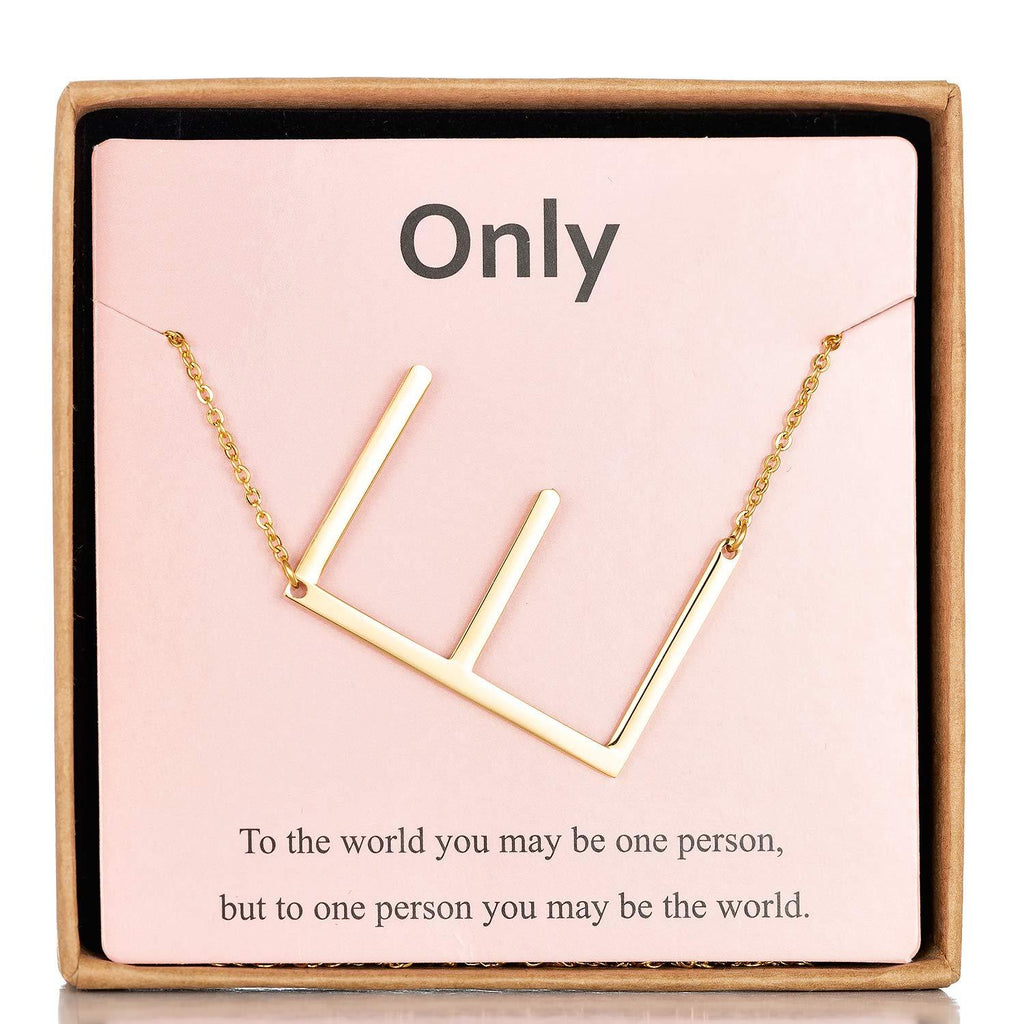 [Australia] - Augonfever Sideways Initial Necklace Gold for Girls Women Inspirational Gifts Personalized Large Big Letter Pendant Necklace, Mirror-Like Polished Finish for Both Sides E 