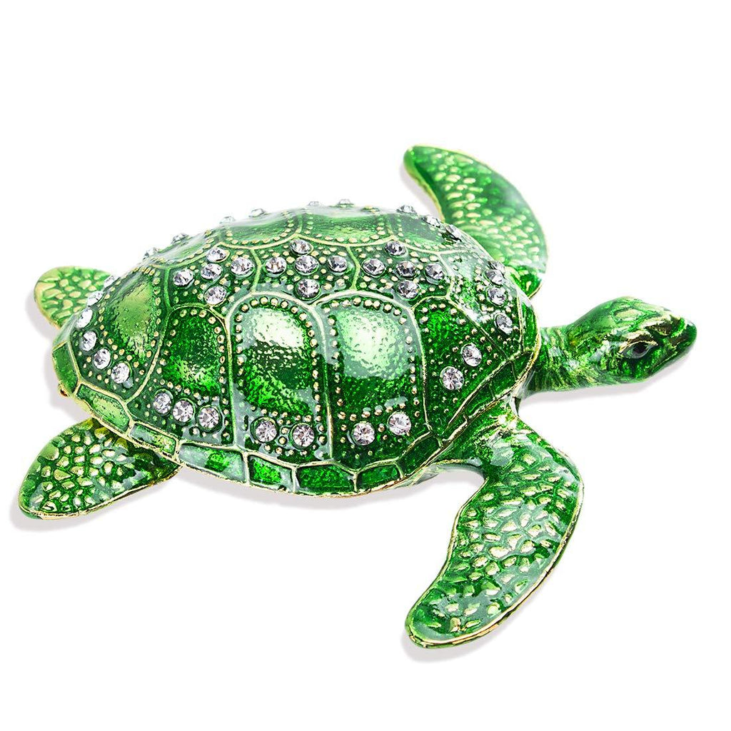 [Australia] - Sea Turtle Hinged Trinket Box Green Tortoise Crystals Bejeweled Jewelry Holder Box Collectible (Green) 