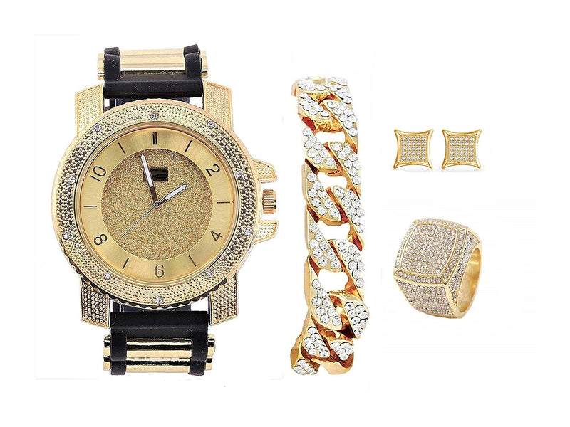 [Australia] - Bling-ed Out It's Lit! Hip Hop Watch & Jewerly Set w/Cuban Chain Bracelet, Kite Bling Earrings & Ring - GJM13 8 Gold 