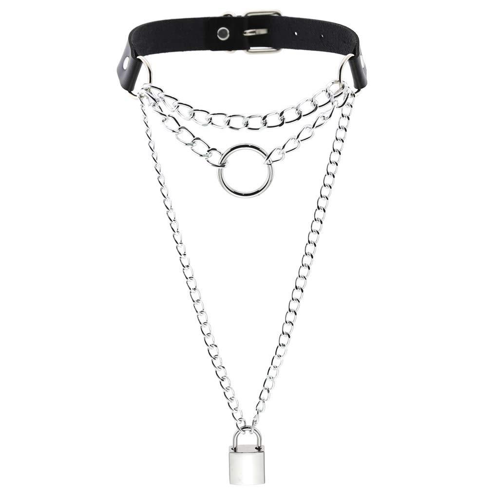 [Australia] - Wyenliz Lock Pendant Necklace Statement Multilayer O-Ring Choker Necklace for Women Girls Black 