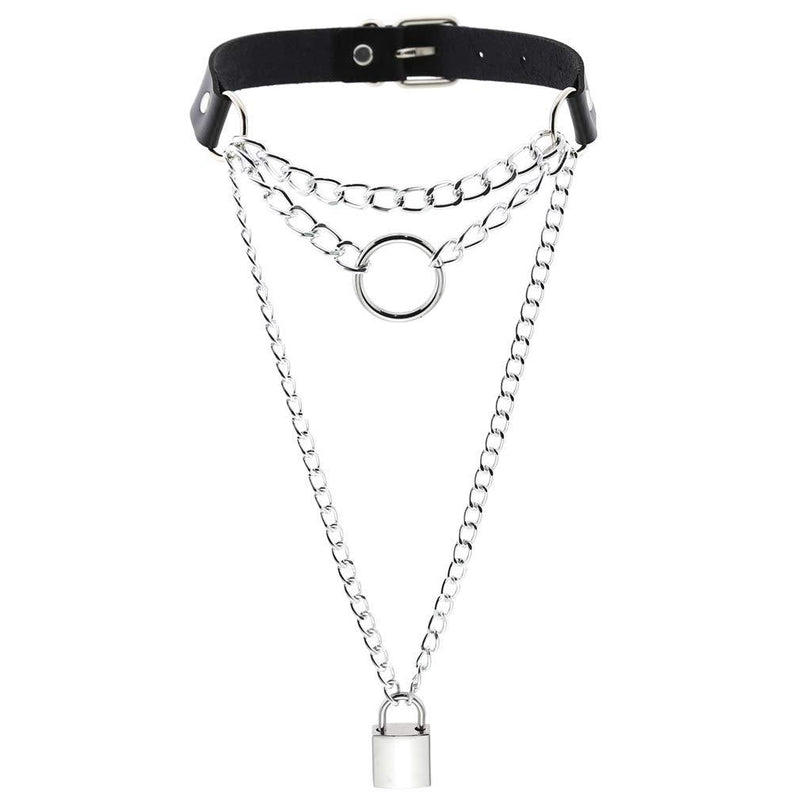 [Australia] - Wyenliz Lock Pendant Necklace Statement Multilayer O-Ring Choker Necklace for Women Girls Black 