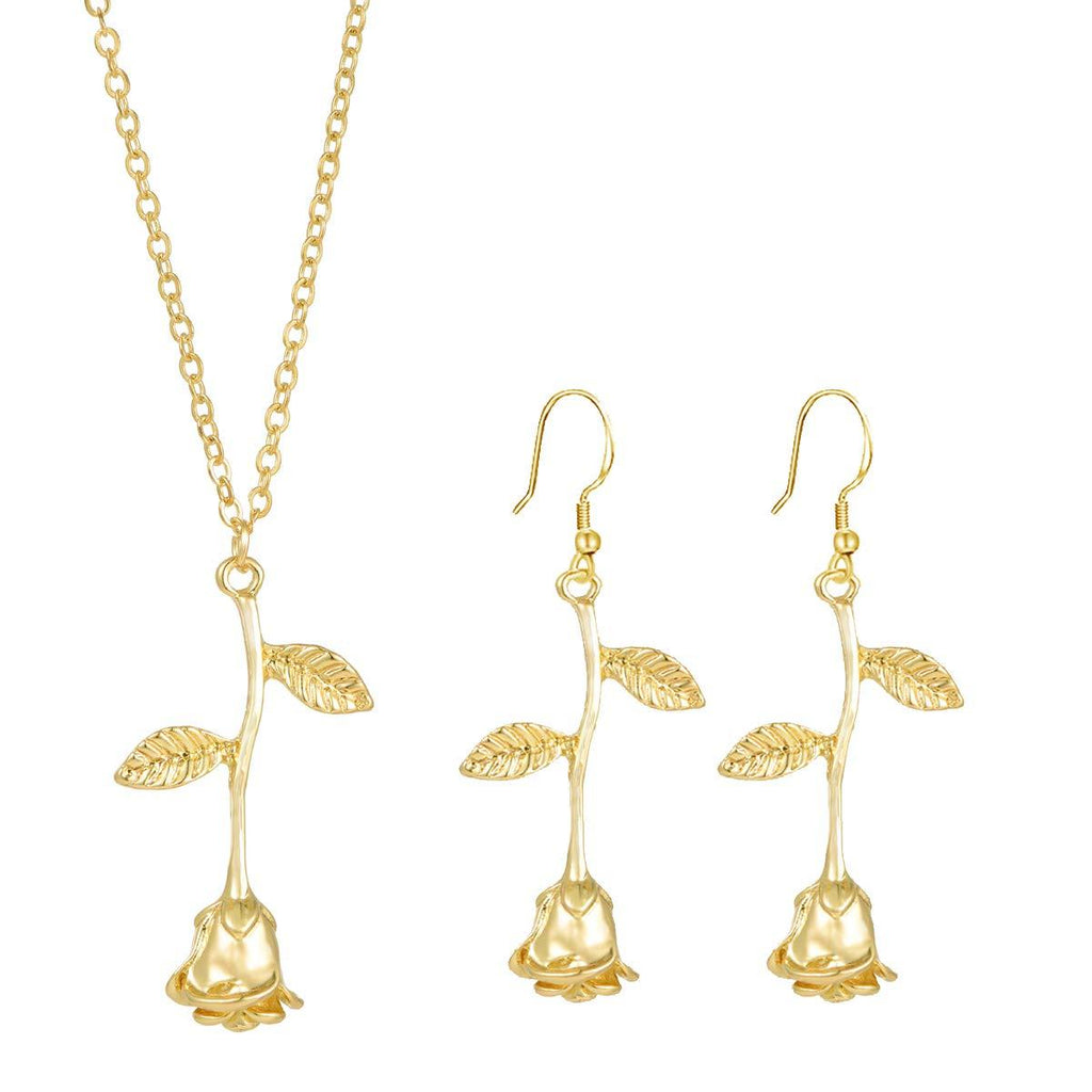 [Australia] - CULOVITY Rose Pendant Necklace Earrings Set - 3D Flower Handmade Jewelry Set for Women Mother's Day Valentine's Day Idea Gift Better Quality: 18K Gold FiII and Durable 