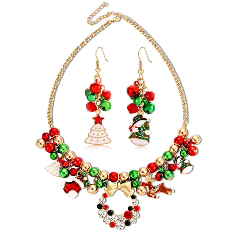 [Australia] - FAERLIIRY Christmas Jingle Bell Necklace Set X-mas Crystal Pendant Necklace Bell Beaded Earrings Festival Holiday Jewelry Set for Women Girls Kids gold 